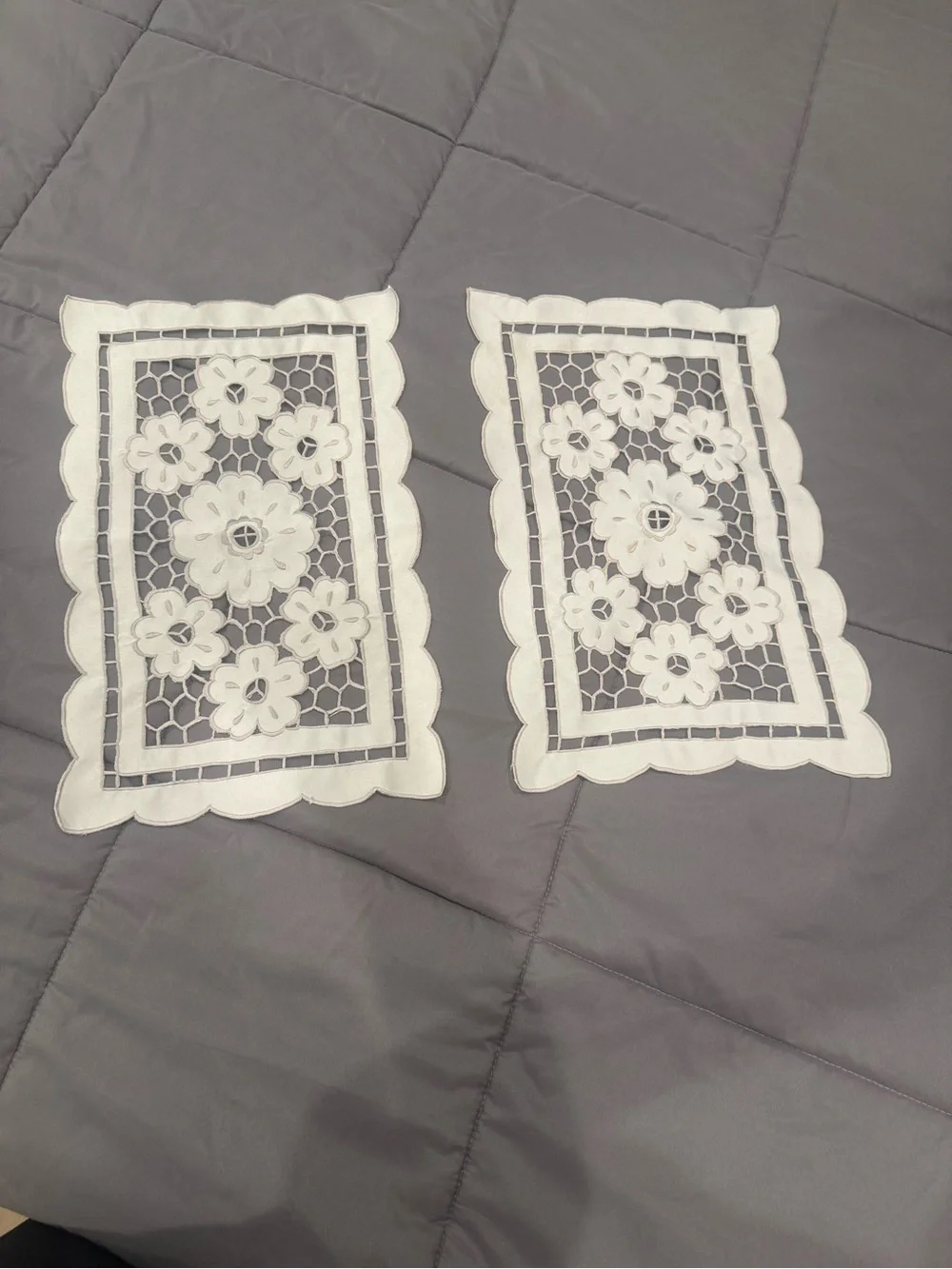 Vintage Pair of Floral Embroidered Lace Table Mats - 17